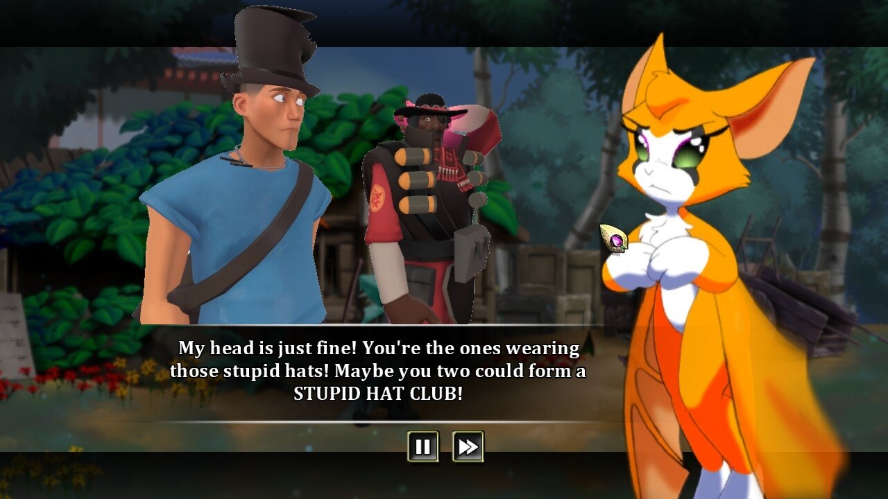 Screencap from the game 'Dust: An Elysian Tail', in which Fidget the nimbat is making fun of the hats Dust and the shopkeeper are wearing. Above her chat box is instead a photoshopped in image of blue scout and red demoman from TF2, wearing some common TF2 hats. Screenshot not taken or photoshopped by me